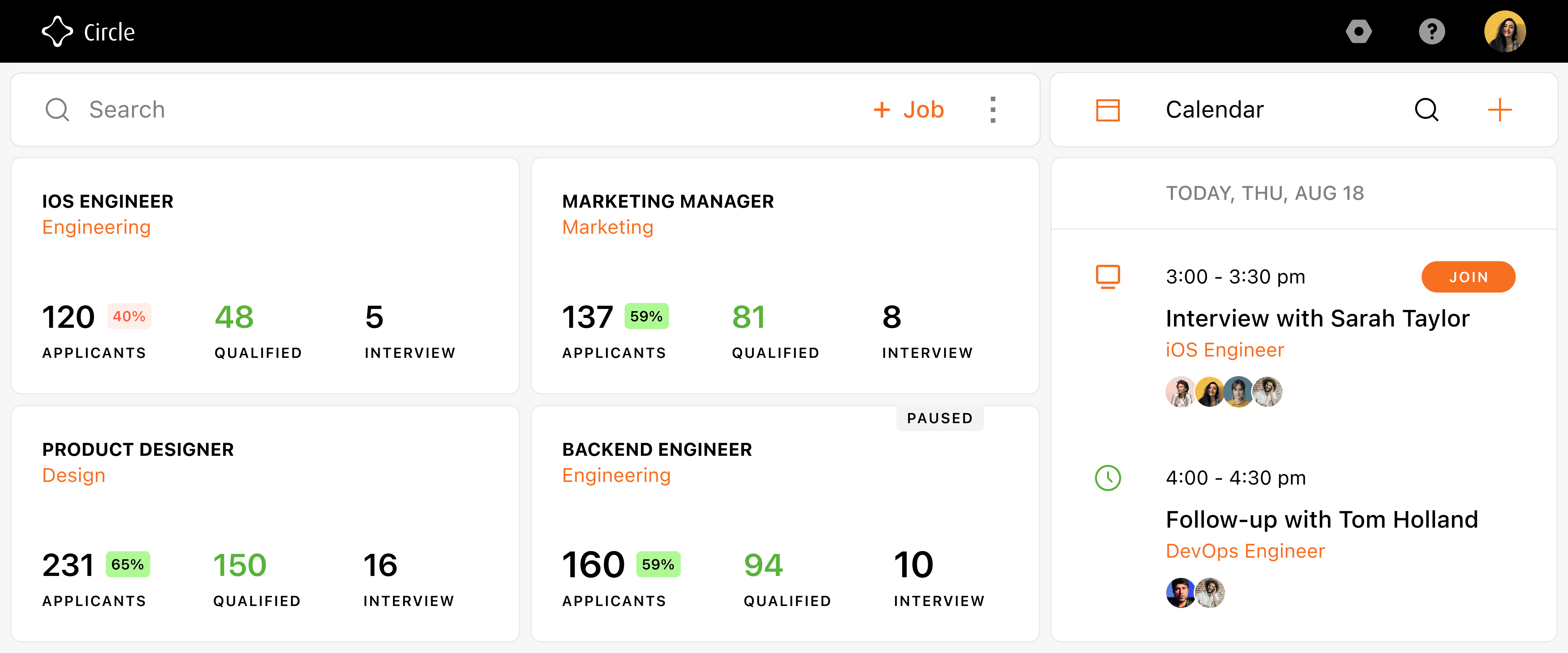 Circle recruitment platform interface displaying various open positions with applicant statistics and an integrated calendar feature highlighting upcoming interviews for positions such as 'iOS Engineer'.