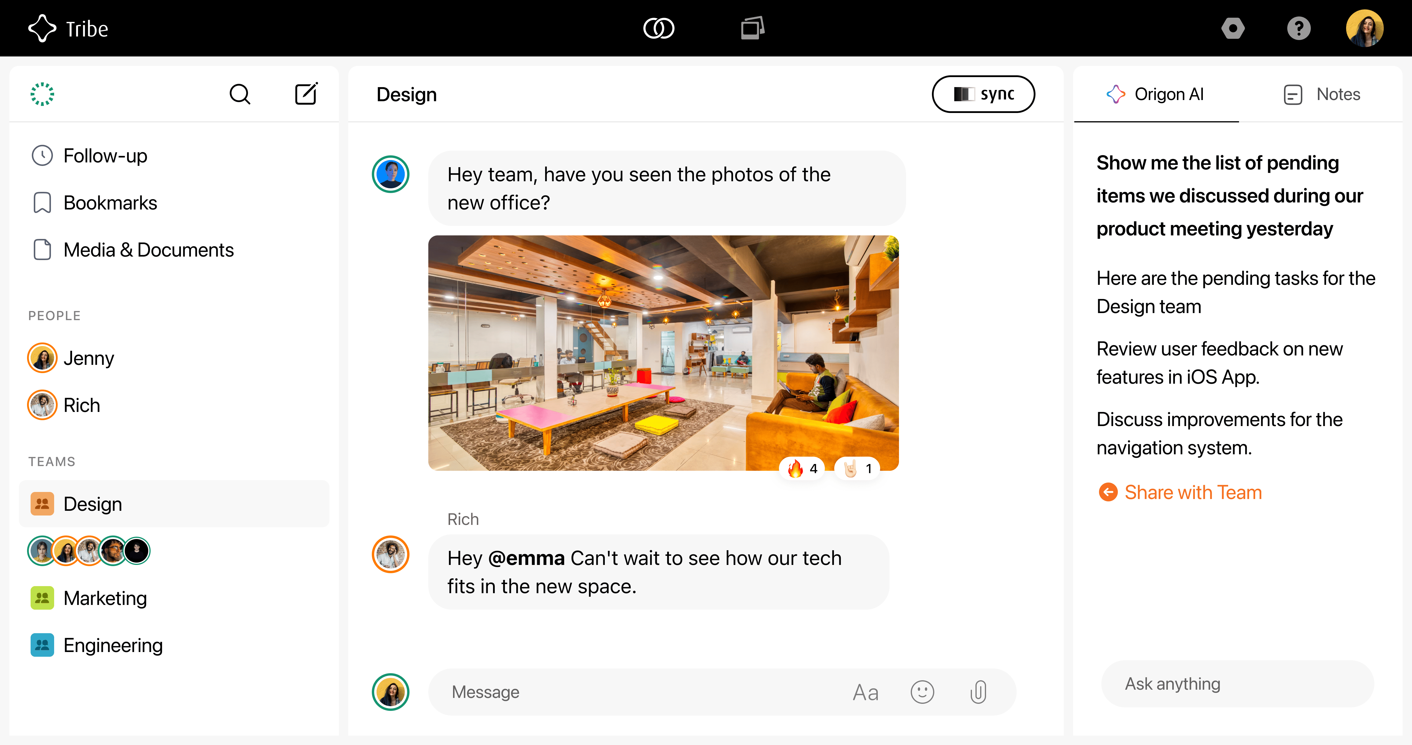 Tribe's collaboration interface with an open design team thread showing a message from Rich mentioning Emma and an image of the new office. The left sidebar shows navigation for messaging individuals and teams and on the right is an AI chat interaction listing pending tasks with an option to share with the team.