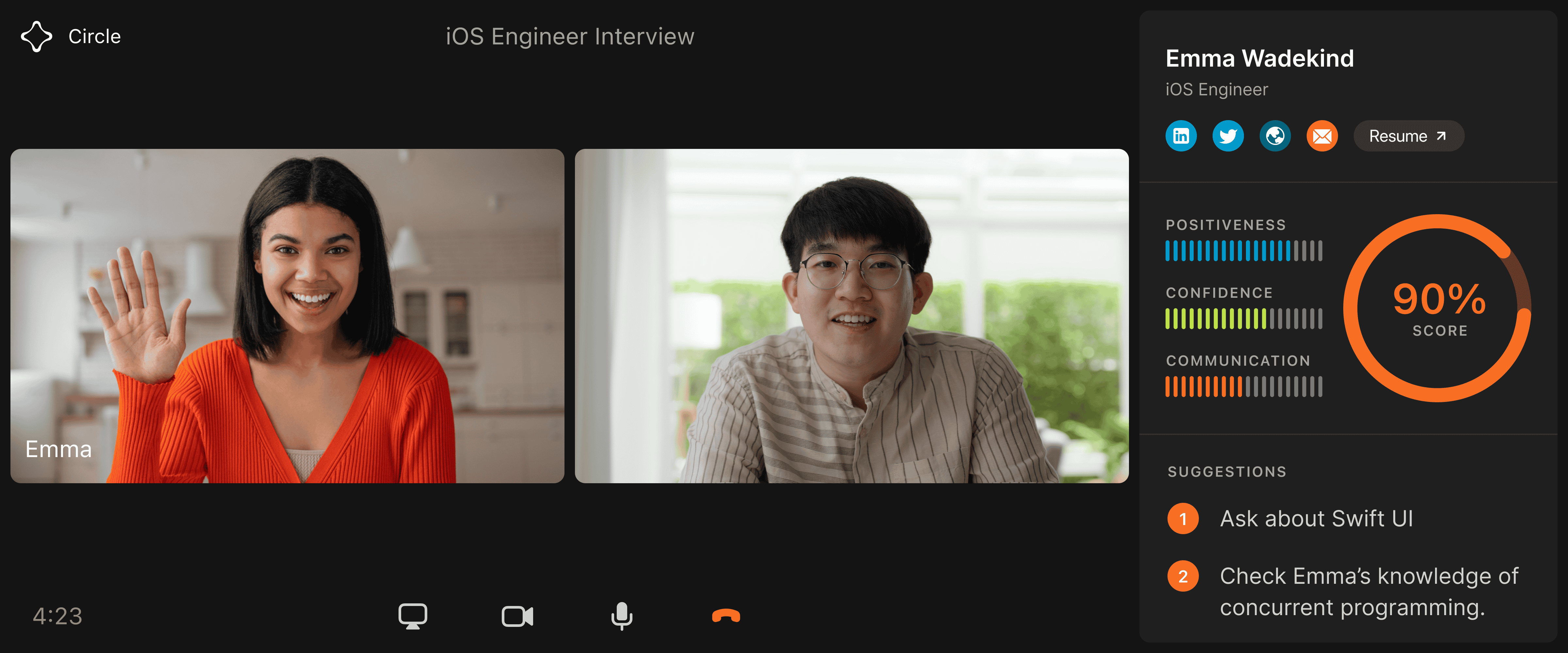 Circle's AI-powered interview platform screen showing a live interview between a candidate named Emma and an interviewer, with real-time analysis tools providing a 90% score on Emma's performance and suggesting interview topics.