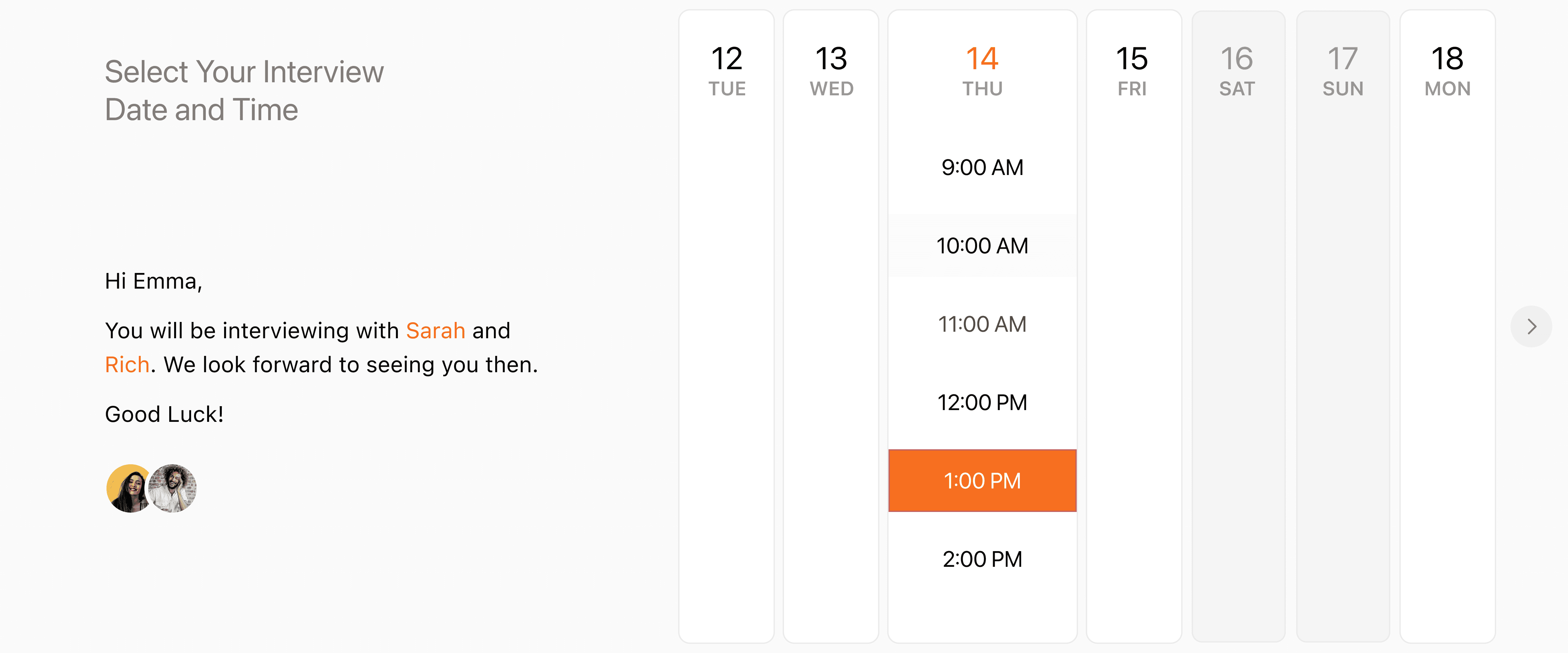 Applicant's view of Circle's interview scheduler featuring a message to Emma about her upcoming interview, images of her interviewers, and an interactive calendar where she can select from available times, with the 1:00 PM slot on Thursday emphasized.